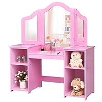 COSTWAY Kids Vanity Set, Children Dressing Table with Stool, Tri-Folding Detachable Mirror, Storage Shelves, Girls Makeup Tables for Playroom Bedroom