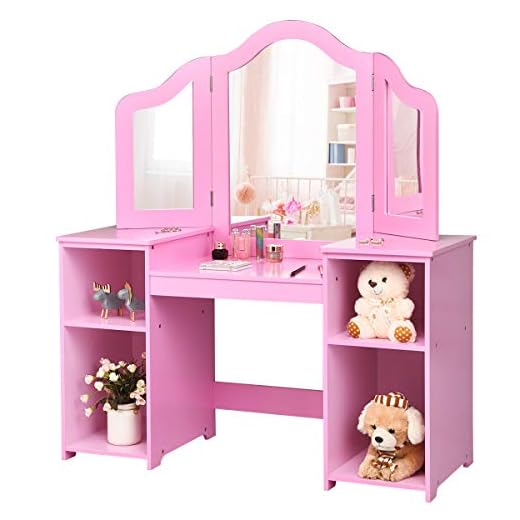 Costzon Kids Vanity Table, 2 in 1 Detachable Design with Dressing Table and Writing Desk, Makeup Dressing Table with Four Storage Shelves Two Folding Mirrors Children Girls (Pink)