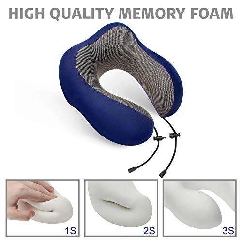 MTOUOCK Travel Pillow, 100% Pure Memory Foam Neck Pillow, Comfortable & Breathable Cover, Machine Washable Airplane Travel Kit with 3D Sleep Mask, Earplugs, and Travel Bag, Blue - Thumbnail 4