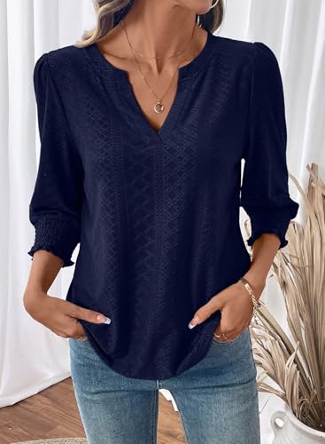 Dokotoo 3/4 Length Sleeve Womens Tops Dressy Casual V Neck Cute T-Shirts Hollow Out Blouses3