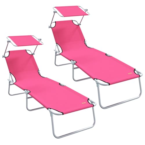 JHQHSM Tumbonas plegables 2 unidades con toldo color rosa 600D, tela Oxford para exteriores, muebles de jardín, regulables, resistentes a los rayos UV, resistentes al agua, ligeras, transportables