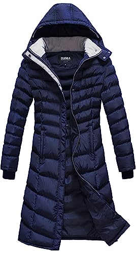 ELORA Women's Warm Winter Heavyweight Quilted 40' inch Long Fleece Trim Puffer Coat Parka Removal Hood