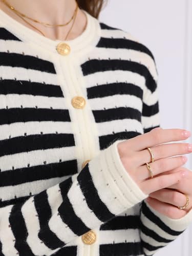 Image of Hobemty Women's Striped Knit Cardigan Long Sleeve Button Down 2025 Spring Fall Ribbed Sweater Top