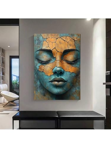Tableau visage femme bleu sarcelle et or 40x60 cm encadré