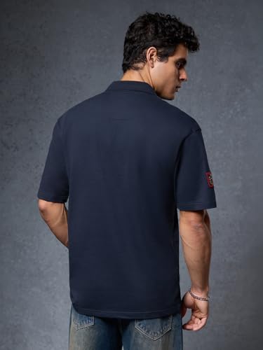 Image of The Souled Store Official Top Gun: Classic Men and Boys Short Sleeve Collared Neck Navy Blue Cotton Oversized Polos
