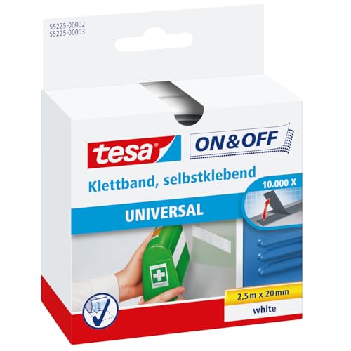 tesa On & Off Bande Auto-Agrippante - Ruban Auto-Agrippant Adhésif pour la Fixation Rapide des Objets Légers - Blanc, 2 cm x 250 cm