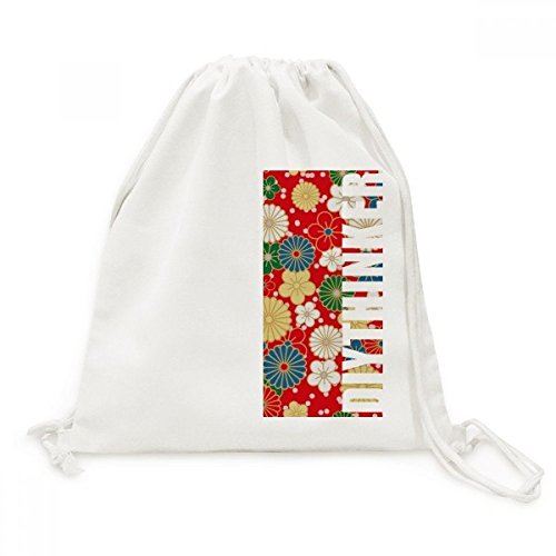Sac de style japonais en toile avec imprimé sakura et cordon de serrage
