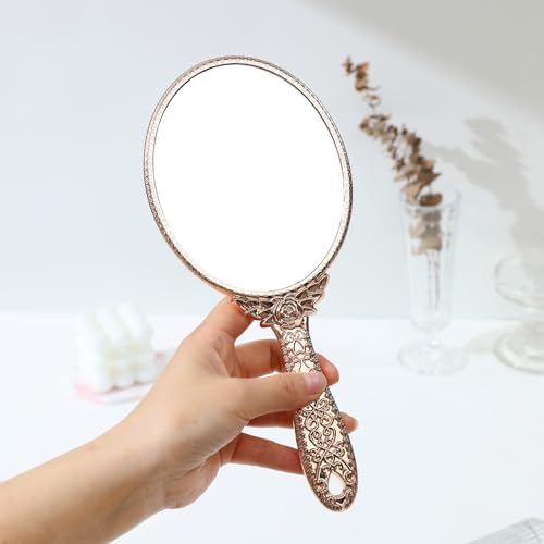 Image of KIRA Hand Mirror Makeup Mirrors Vintage Handheld Decorative Personal Vintage Cosmetic Travel Mirrors Oval Embossed Flower Mirrors with Handle for Women (Silver Black Gold Rosegold-Any ONE)