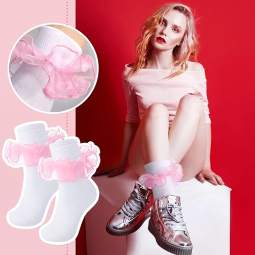 Image of Geyoga 3 Pairs Women Big Ruffle Socks Turn Cuff, Double Lace Ankle Cotton Frilly Socks for Ladies Summer