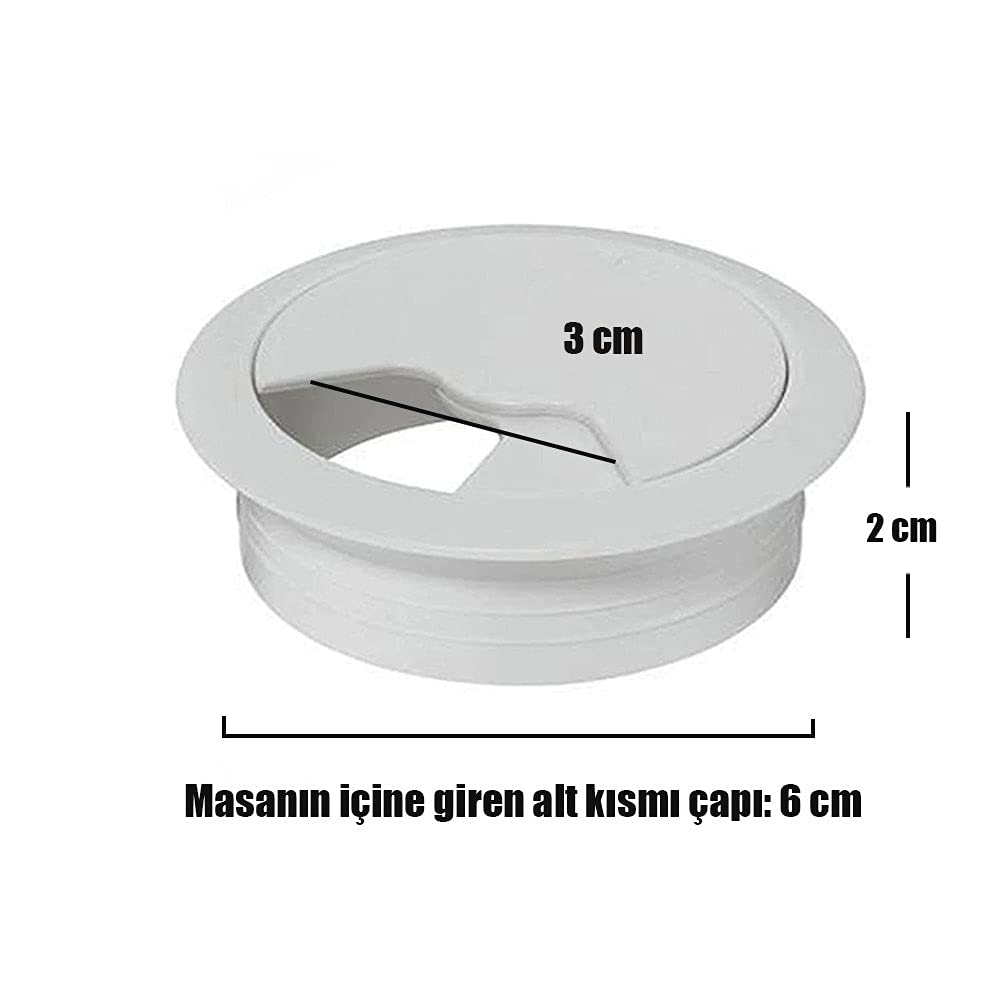 Badem10 Masa Üstü Kablo Kanalı Deliği Kapağı Masa Kapağı 6 cm Beyaz