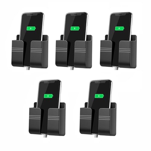 Image of WALLVIEW TECH Pack of 5 Wall Mounted Mobile Holder & Storage Case for Remote with Charging Port, Adjustable Viewing Angle, Multi-Purpose Wall Stand for Phones (Black)