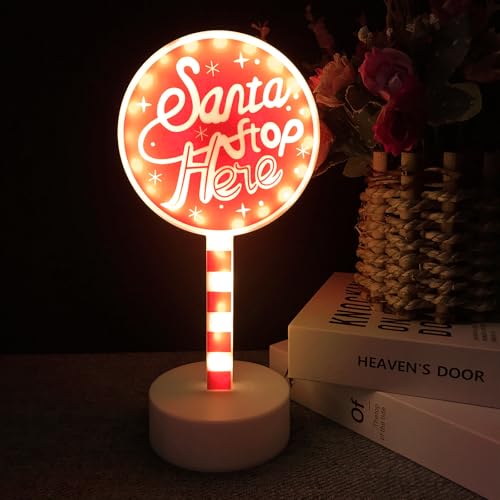 Cartello Luminoso Decorativo Natalizio Santa Stop Here Decorazione Tavolo Natalizia Luce Decorativa LED Segnale Stradale Natalizio Decorazione Per Casa Del Caffè Fai Regali Agli Altri (Rotondo)