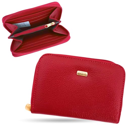 Carteira Feminina Couro Legítimo Pequena Zíper Porta Cartão Crédito Moeda Documento Slim Luxo bolsa Marca MONOLO (Vermelho)