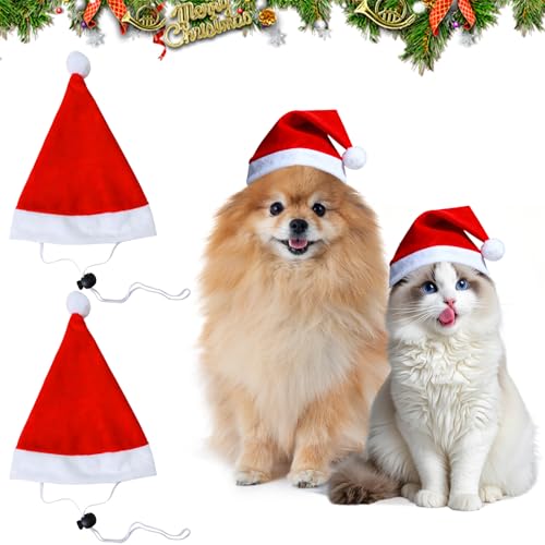 2 peças chapéu de Natal para cães, gorro de Natal ajustável de pelúcia, gorro de pai Natal ajustável para cão e gato, acessórios roupa de Natal de animal de estimação