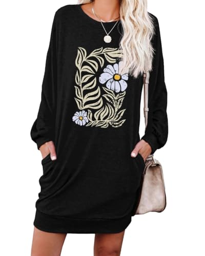 PrinStory Pulloverkleid Damen Langärm Winterkleider Komfortabel Sweatkleid Tunika Freizeitkleid Mit Taschen (Blumen Schwarz Quadrat, L)