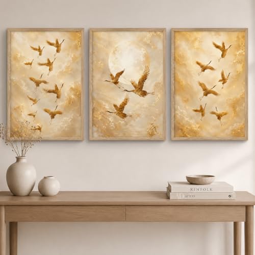 Image of Artify Set of 3 Golden Flying Birds Wall Painting for Living Room Bedroom Hall Office Decor, Premium Wooden Synthetic Frame Nature Artwork Gift