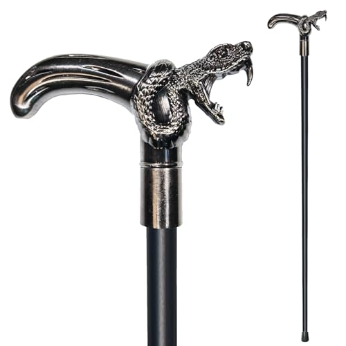 YIVIYAR Walking Cane for Men & Women & Seniors - 36.5 Inch Heavy Duty 500+ lbs Capacity Snake Ergonomic Handle Decorative & Ornate Design Gothic & Goth Elegant Black & Silver Artistry Metal Cane