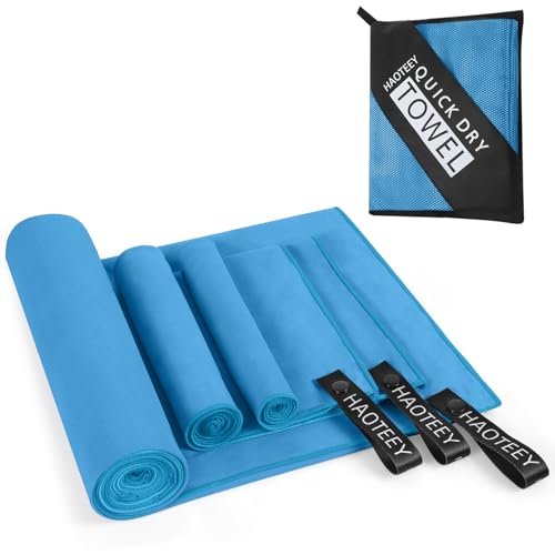Haoteey Quick Dry Travel Towel, 3 Sizes 1 Pack Camping Microfiber Towel, Lightweight Fast Drying Towels Set 60"x30", 30"x15", 15"x15" w/Bag for Gym, Beach, Hiking, Swimming, Light Blue