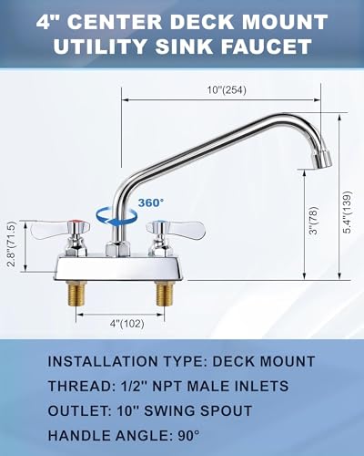 Image of Utility Laundry Sink Faucet 10 inch Swivel Spout,Laundry Faucets 4 Inch Centerest, Deck Mount Laundry Tub Faucet,Brass Construction Chrome Polished, for Laundry Room, Bar, Garden Tub,Garage,RV