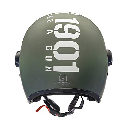 Image of Royal Enfield ISI Certified Open Face Riding MLG Helmet with Clear Visor Matt Battle Green-Impact Protection, Better Scratch Resistance, Anti-Microbial Fabric, Size: L(59-60Cm)
