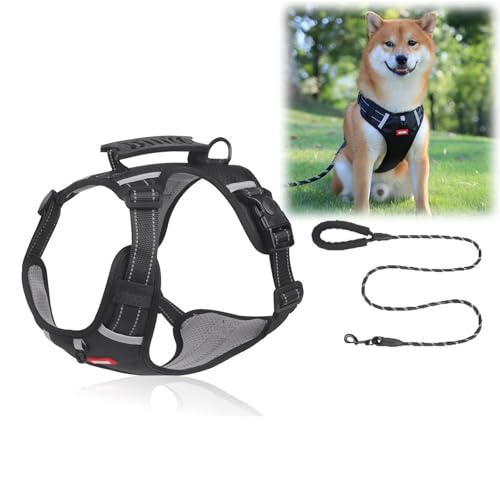GIIPET-犬用ハーネス リード付き 2-45KG対応 犬用胴輪 一体式ソフト 引っ張り防止 抜けない 通気性 簡単着脱 サイズ調整可能 反射機能 安全 首輪代わり 小型犬/中型犬/大型犬 しつけ用 訓練 歩行補助 散歩 (ブラック, XL(30-45k