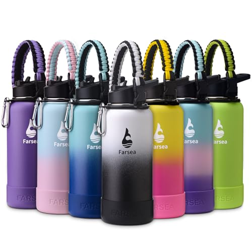 Farsea Insulated Water Bottle With Paracord Handle, Protective Boot and 2 Lids (Straw Lid & Spout Lid), Stainless Steel Water Bottle Wide Mouth, Double Wall Sweat-Proof BPA-Free, 32 oz