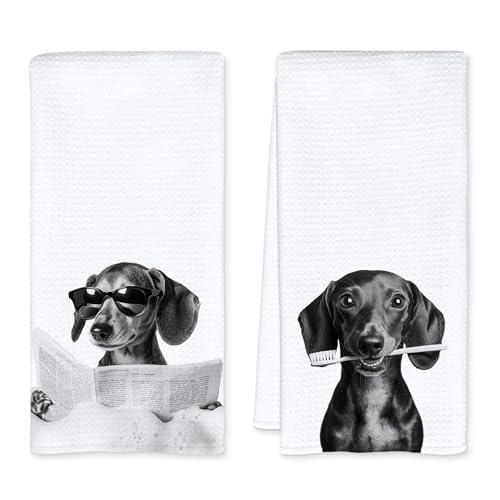 JFFTLL Funny Dachshund Bathroom Hand Towels, Weiner Dog Gifts for Women, Black and White Cute Dachshund Hand Towels for Bathroom Washroom Restroom Decor, 16x24 Inch, Set of 2