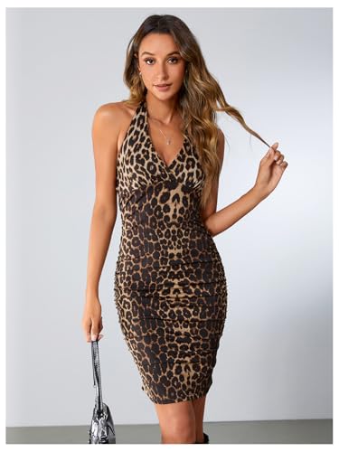 SOLY HUX Women's Cheetah Print Dress Y2k Sexy Leopard Halter V Neck Bodycon Mini Dress Party Club Dresses3