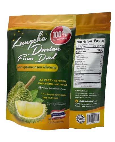Durian King of Fruit Vacuum Freeze Dried Fresh Durian Monthong Made from Real Fruit 50 Gram or 1.75 Ounce Pack of 2