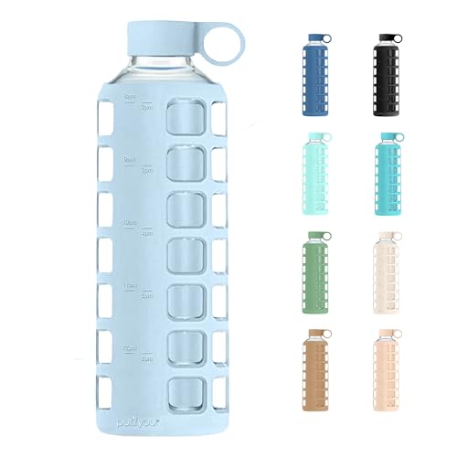 purifyou 40oz / 32oz / 22oz / 12oz Borosilicate Glass Water Bottle with Time & Volume Markers, Silicone Sleeve, Stainless Steel Lid | Reusable Glass Bottle for Water & Juice (40oz Ice Blue)