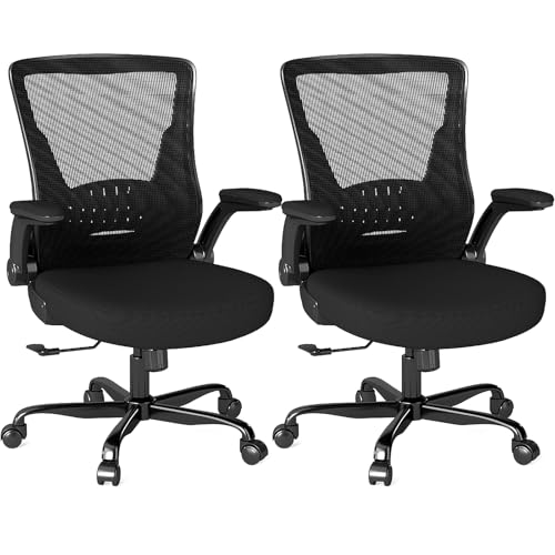 Image of Mesh Office Chair, Comfy Desk Chair with Flip-Up Armrests, 2PC | 300 LBS Capacity, Black Breathable Mesh, Adjustable Height, 360 Swivel Wheels, Computer Chair for Study, Home Space Saving