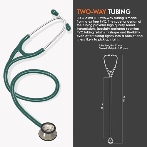 Image of ELKO EL-240 ASTRA III Ti Titanium dual head acoustic stethoscope | Adult & Pediatric Stethoscope with Double-sided Natural Titanium Chestpiece | Two-Way PVC Tubing | Doctors & Medical Students (Green)