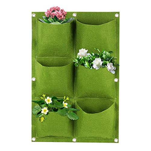 Wisebom Borse da Coltivazione Piante da Appendere, 6Tasche Borsa Fioriera Parete Giardino Verticale Traspirante, Sacchetti per Piante in Feltro per Fiori Fragole Decorazione (Verde)