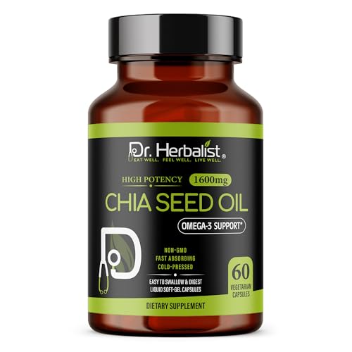 Image of Dr. HERBALIST Chia Seed Oil 1600mg Softgels - Plant-Based Superfood Supplement with Omega 3 Fatty Acids, Antioxidants & Natural Nutrients - 60 Capsules for Men & Women