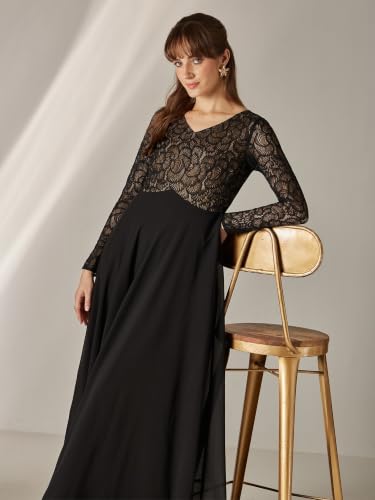 Image of Miss Chase Women's V-Neck Full Sleeve Self Design Lace-Overlaid Georgette Maxi Dress
