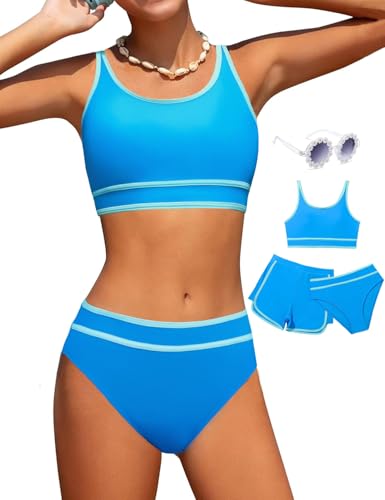 Image of Girls Swimsuits 3 Piece Bathing Suit Bikini Set with Sporty Shorts and Sunglasses Beach Swimwear for Girl 8-15 Years