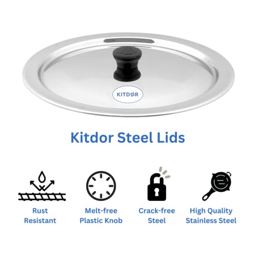 Image of Glossy Steel Lids for Utensils with Knobs | Melt-Free with a Good Gripsteel Lid for Kadai and Other Utensils | Round, Rust Resistant Steel (3 Pcs Set, Medium)