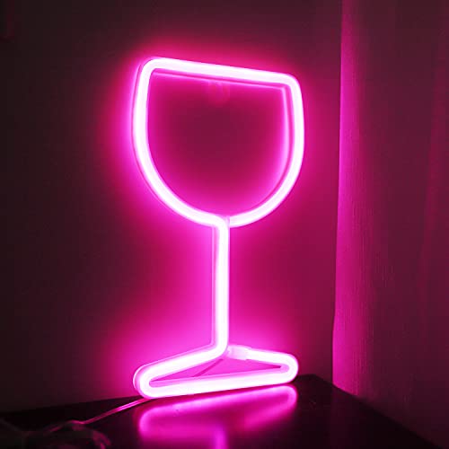 Neon Signs Wine Glass, LED Neon Lights for Wall Decor Battery/USB Operated Night Lights Bar Lamp for Home, Christmas, Halloween, Cellar, Bedroom Decor (Pink)