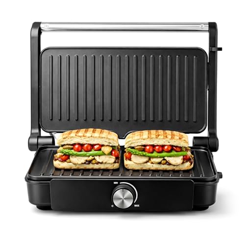 Electric Contact Grill Panini Press 1200W Sandwich Toaster Non-Stick Teflon Plates Adjustable Temperature Control 180 Open Flat BBQ Grill Maker for Paninis Toasties Burgers & Veg