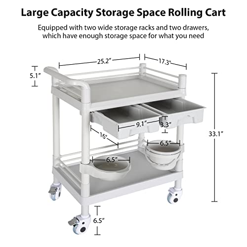 Medical Mobile Trolley Cart 2-Shelf 330 Lbs Max Load Rolling Utility Cart Heavy Duty Beauty Salon Storage Cart With Drawers Dirt Buckets Rotate Wheels 2 Brake For Hospital Dental Clinic Home #TOP1