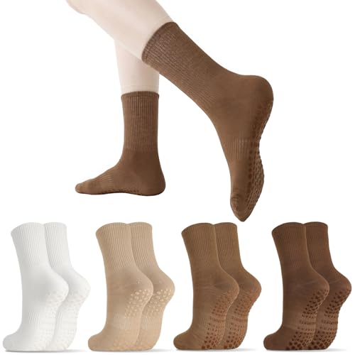 Image of Jspupifip 4 Pairs Pilates Grippy Socks for Women, Long Non Slip Yoga Socks with Grips Crew Socks for Pilates Barre Hospital