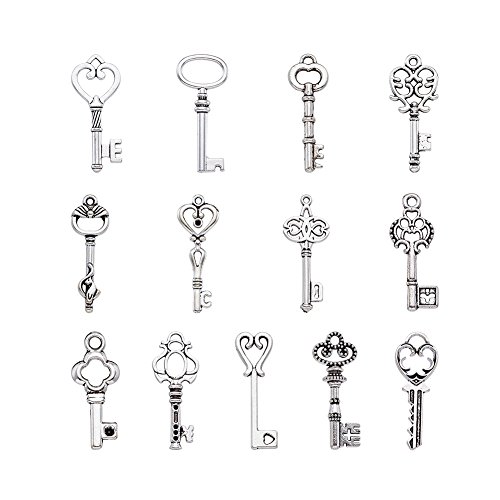 Cheriswelry 45-55Pcs Tibetan Style Alloy Key Charms Antique Silver Skeleton