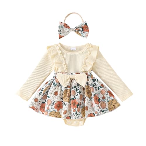 Image of Aiwpstoin Newborn Baby Girl Clothes Boho Floral Romper Dress Fall Winter Outfit Ruffle Long Sleeve Jumpsuit with Headband
