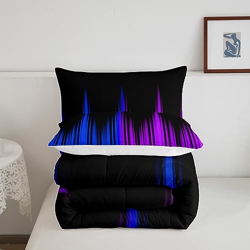 Image of Feelyou Ombre Comforter Full, Ombre Striped Comforter Blue Purple and Black Comforter Set for Kids Boys Girls Geometrics Lines Duvet Set with 2 Pillow Case