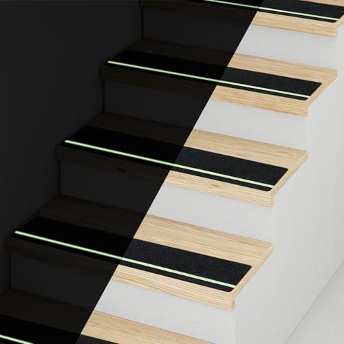 Image of Outdoor Non Slip Tape 6'' x 32'' (12-Pack) High Traction Adhesive Treads with Free Roller - Heavy Duty 80 grit Non Slip Tape -Anti Skid Strips Black with Glow in The Dark Stripe - Grip Tape for Steps