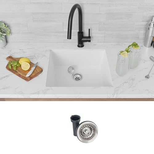 Image of Stylish 22 x 17.5 Composite Granite Kitchen Sink, Single Bowl Under Mount & Drop in, 8.25 in Deep, Rear-Center Drain, with Strainer, White, S-822H