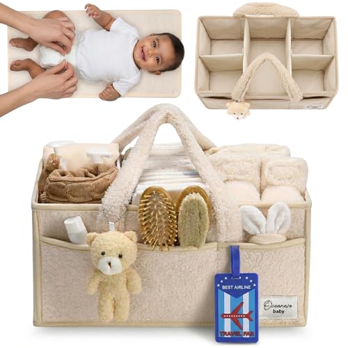 Image of OCEANEVO Fur Diaper Caddy Organizer Bag | WITH Diaper Changing Mat, Bag Charm and Luggage Tag | New Born Baby Essentials | For Mothers for Travel - 38 x 25 x 18 cm - Beige - 1 Year Warranty