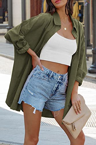 Image of FSHAOES Womens Oversized Button Down Shirts Casual Loose Long Sleeve Solid Lapel Long Blouses Tops with Pockets