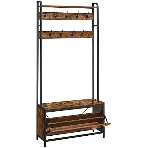 VASAGLE Garderobenständer mit Schuhschrank, Garderobe mit Sitzbank, Kleiderständer, Schuhkipper, 9 Haken, obere Ablage Cover