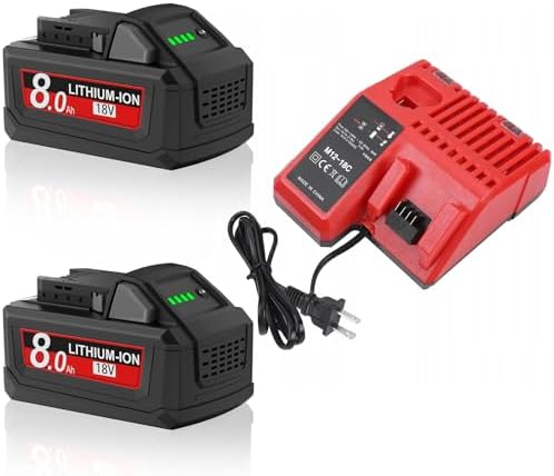 2Pack 8.0Ah Replacement for Milwaukee M18 Battery Charger Kit 18V Batteries Compatible with 18 Volt 8-11-1810 48-11-1815 48-11-1820 48-11-1850 48-11-1828 48-11-1860 Cordless Power Tools